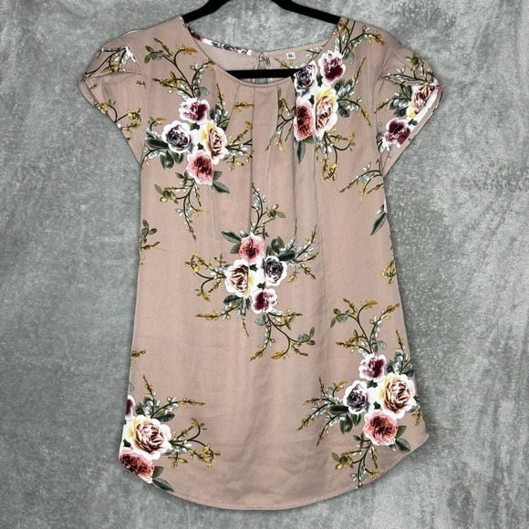 Amazon Tops - Amazon XL Top Shirt Brown Floral Flower Cap Short Sleeve Round Neck Stretch‎